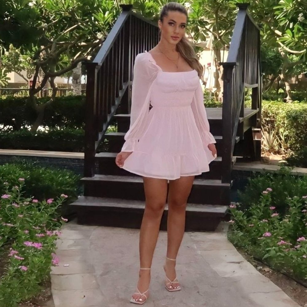 Shirred Long Balloon Sleeve Square Neck Mini Dress - Picture 4 of 7